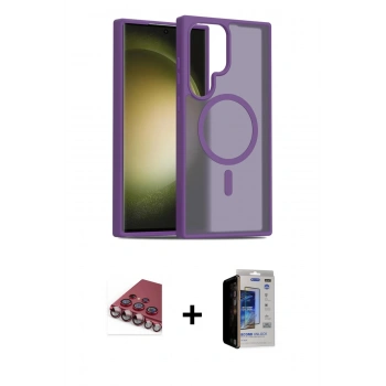 MARSİLYAN™- Galaxy S23 Ultra Kılıf Siluet Minimal Prime - Siyah Durable Full Glue Curved Hayalet Cam + Valdez Metal Kamera Lens - KI