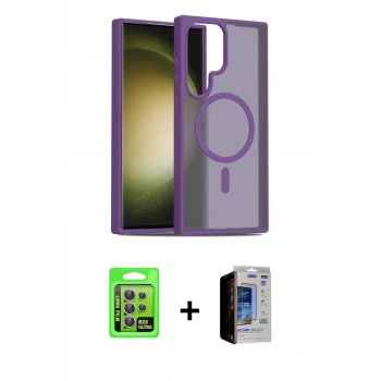 MARSİLYAN™- Galaxy S23 Ultra Kılıf Siluet Minimal Prime - Siyah Durable Full Glue Curved Hayalet Cam + Raze Metal Kamera Lens - LA