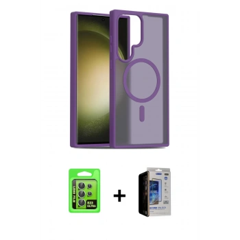 MARSİLYAN™- Galaxy S23 Ultra Kılıf Siluet Minimal Prime - Siyah Durable Full Glue Curved Hayalet Cam + Raze Metal Kamera Lens - YL