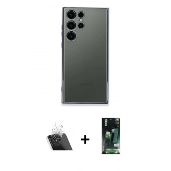 MARSİLYAN™- Galaxy S23 Ultra Kılıf Vadi Minimal - Siyah 360 Mat Full Body Arka Koruyucu + Kamera Lens Koruma Cam - SF