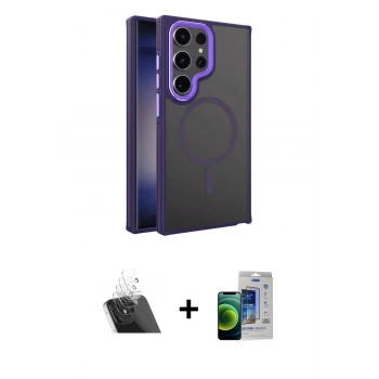 MARSİLYAN™- Galaxy S23 Ultra Kılıf Yörünge Klasik - Siyah Durable Full Glue Curved Cam + Kamera Lens Koruma Cam - SF