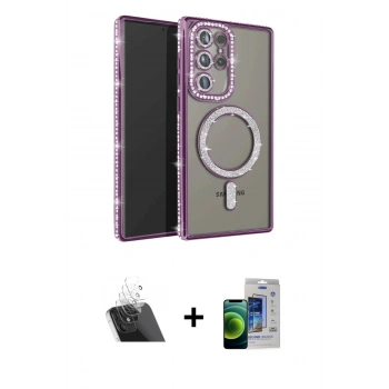 MARSİLYAN™- Galaxy S23 Ultra Kılıf Zirve Doku Prime - Siyah Durable Full Glue Curved Cam + Kamera Lens Koruma Cam - SF