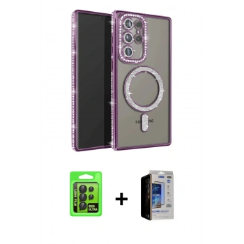MARSİLYAN™- Galaxy S23 Ultra Kılıf Zirve Doku Prime - Siyah Durable Full Glue Curved Hayalet Cam + Raze Metal Kamera Lens - SH