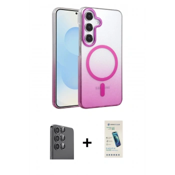 MARSİLYAN™- Galaxy S24 FE Kılıf Ahenk Doku Özel Seri - Şeffaf Pasifik Cam Ekran Koruyucu + Raze Metal Kamera Lens - SH
