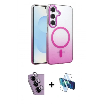 MARSİLYAN™- Galaxy S24 FE Kılıf Ahenk Doku Özel Seri - Siyah 3D Antistatik Cam Ekran Koruyucu + Raze Metal Kamera Lens - MR