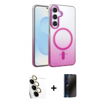 MARSİLYAN™- Galaxy S24 FE Kılıf Ahenk Doku Özel Seri - Siyah 3D Antistatik Hayalet Cam Ekran Koruyucu + Raze Metal Kamera Lens - SI