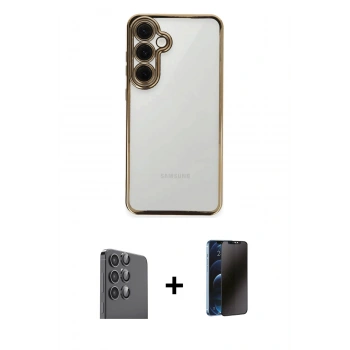 MARSİLYAN™- Galaxy S24 FE Kılıf Vadi Minimal - Siyah 3D Antistatik Hayalet Cam Ekran Koruyucu + Raze Metal Kamera Lens - SH