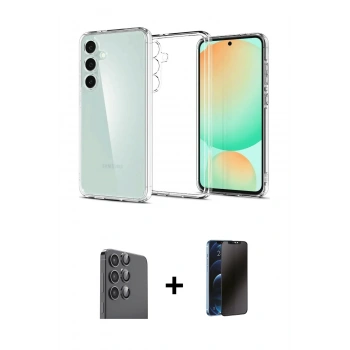 MARSİLYAN™- Galaxy S24 FE Kılıf Zirve Doku - Siyah 3D Antistatik Hayalet Cam Ekran Koruyucu + Raze Metal Kamera Lens - SH