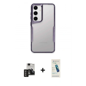MARSİLYAN™- Galaxy S24 Kılıf Akış Çizgi Koleksiyonu - Şeffaf Pasifik Cam Ekran Koruyucu + PVD Metal Kamera Lens - TNGI