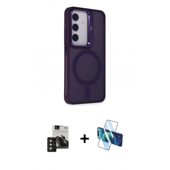 MARSİLYAN™- Galaxy S24 Kılıf Akış Form - Siyah 3D Antistatik Cam Ekran Koruyucu + PVD Metal Kamera Lens - DNMR