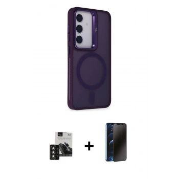 MARSİLYAN™- Galaxy S24 Kılıf Akış Form - Siyah 3D Antistatik Hayalet Cam Ekran Koruyucu + PVD Metal Kamera Lens - DNMR