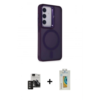MARSİLYAN™- Galaxy S24 Kılıf Akış Form - Siyah Polymer Nano Ekran Koruyucu + PVD Metal Kamera Lens - DNMR