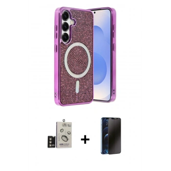 MARSİLYAN™- Galaxy S24 Kılıf Eksen Çizgi - Siyah 3D Antistatik Hayalet Cam Ekran Koruyucu + Bilvis Titan Kamera Lens - GD