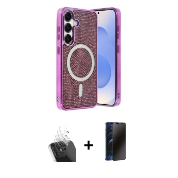 MARSİLYAN™- Galaxy S24 Kılıf Eksen Çizgi - Siyah 3D Antistatik Hayalet Cam Ekran Koruyucu + Kamera Lens Koruma Cam - SF