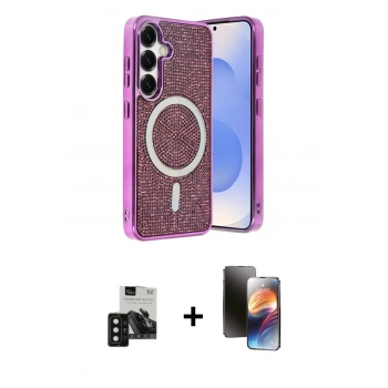 MARSİLYAN™- Galaxy S24 Kılıf Eksen Çizgi - Siyah 3D Antistatik Mat Seramik Nano Ekran Koruyucu + PVD Metal Kamera Lens - SH
