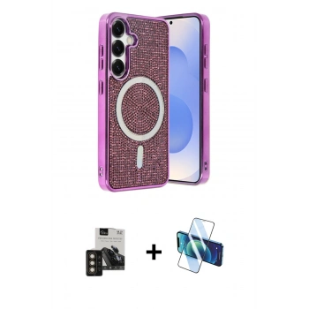 MARSİLYAN™- Galaxy S24 Kılıf Eksen Çizgi - Siyah 3D Antistatik Seramik Nano Ekran Koruyucu + PVD Metal Kamera Lens - GD