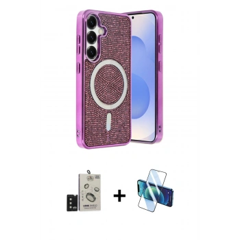 MARSİLYAN™- Galaxy S24 Kılıf Eksen Çizgi - Siyah 3D Antistatik Seramik Nano Ekran Koruyucu + Bilvis Titan Kamera Lens - SH