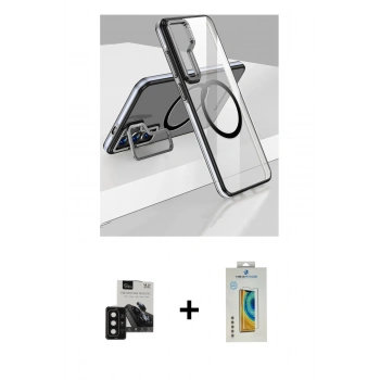 MARSİLYAN™- Galaxy S24 Kılıf Nova Doku - Siyah Polymer Nano Ekran Koruyucu + PVD Metal Kamera Lens - SH