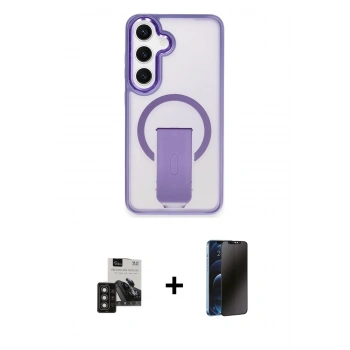 MARSİLYAN™- Galaxy S24 Kılıf Pusula Doku Koleksiyonu - Siyah 3D Antistatik Hayalet Cam Ekran Koruyucu + PVD Metal Kamera Lens - TNGI