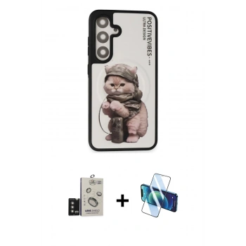 MARSİLYAN™- Galaxy S24 Kılıf Siluet Modern Özel Seri - Siyah 3D Antistatik Cam Ekran Koruyucu + Bilvis Titan Kamera Lens - TMGI