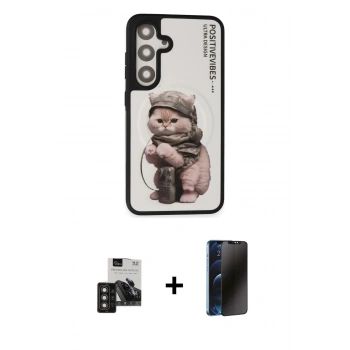 MARSİLYAN™- Galaxy S24 Kılıf Siluet Modern Özel Seri - Siyah 3D Antistatik Hayalet Cam Ekran Koruyucu + PVD Metal Kamera Lens - TNGI