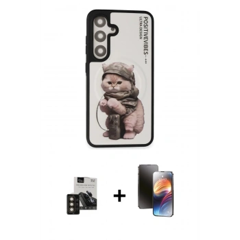 MARSİLYAN™- Galaxy S24 Kılıf Siluet Modern Özel Seri - Siyah 3D Antistatik Mat Seramik Nano Ekran Koruyucu + PVD Metal Kamera Lens - GD