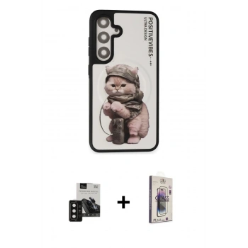 MARSİLYAN™- Galaxy S24 Kılıf Siluet Modern Özel Seri - Siyah Bilvis 3D Cam Ekran Koruyucu + PVD Metal Kamera Lens - SH