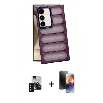 MARSİLYAN™- Galaxy S24 Kılıf Yadigar Doku Özel Seri - Siyah 3D Antistatik Mat Seramik Nano Ekran Koruyucu + PVD Metal Kamera Lens - SH