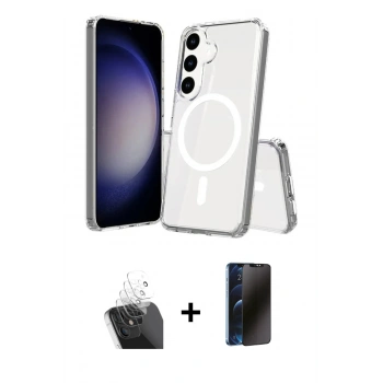 MARSİLYAN™- Galaxy S24 Plus Kılıf Ahenk Yansıma Prime - Siyah 3D Antistatik Hayalet Cam Ekran Koruyucu + Kamera Lens Koruma Cam - SF