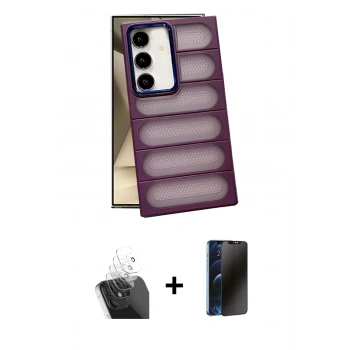 MARSİLYAN™- Galaxy S24 Plus Kılıf Yadigar Doku Özel Seri - Siyah 3D Antistatik Hayalet Cam Ekran Koruyucu + Kamera Lens Koruma Cam - SF