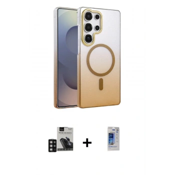 MARSİLYAN™- Galaxy S24 Ultra Kılıf Ahenk Doku Özel Seri - Siyah Durable Full Glue Curved Hayalet Cam + PVD Metal Kamera Lens - DNMR