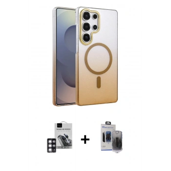 MARSİLYAN™- Galaxy S24 Ultra Kılıf Ahenk Doku Özel Seri - Siyah Vanessa Magic Hayalet Cam + PVD Metal Kamera Lens - PE