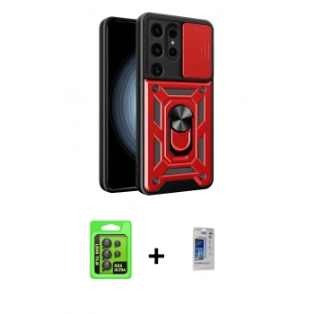 MARSİLYAN™- Galaxy S24 Ultra Kılıf Ahenk Klasik - Siyah Durable Full Glue Curved Hayalet Cam + Raze Metal Kamera Lens - SH