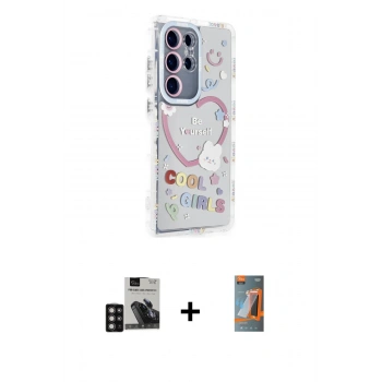MARSİLYAN™- Galaxy S24 Ultra Kılıf Ahenk Modern Serisi - Siyah AutoKit 5in1 Fiber Hayalet Polymer Nano Ekran Koruyucu + PVD Metal Kamera Lens - DNMR