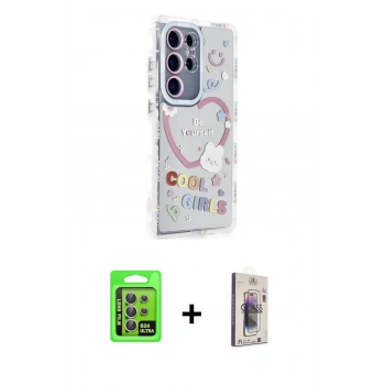 MARSİLYAN™- Galaxy S24 Ultra Kılıf Ahenk Modern Serisi - Siyah Bilvis 3D Cam Ekran Koruyucu + Raze Metal Kamera Lens - MR