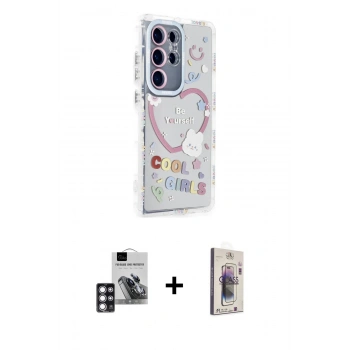 MARSİLYAN™- Galaxy S24 Ultra Kılıf Ahenk Modern Serisi - Siyah Bilvis 3D Cam Ekran Koruyucu + PVD Metal Kamera Lens - PE