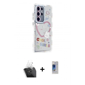 MARSİLYAN™- Galaxy S24 Ultra Kılıf Ahenk Modern Serisi - Siyah Durable Full Glue Curved Cam + Kamera Lens Koruma Cam - SF