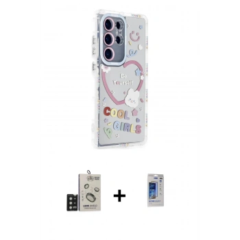 MARSİLYAN™- Galaxy S24 Ultra Kılıf Ahenk Modern Serisi - Siyah Durable Full Glue Curved Hayalet Cam + Bilvis Titan Kamera Lens - SH