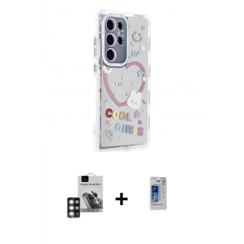 MARSİLYAN™- Galaxy S24 Ultra Kılıf Ahenk Modern Serisi - Siyah Durable Full Glue Curved Hayalet Cam + PVD Metal Kamera Lens - PE