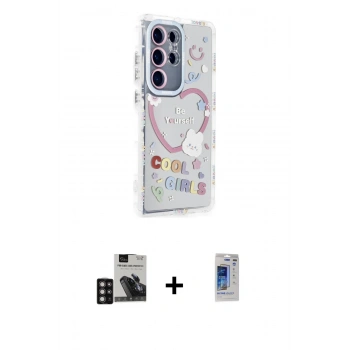 MARSİLYAN™- Galaxy S24 Ultra Kılıf Ahenk Modern Serisi - Siyah Durable Full Glue Curved Hayalet Cam + PVD Metal Kamera Lens - DNMR