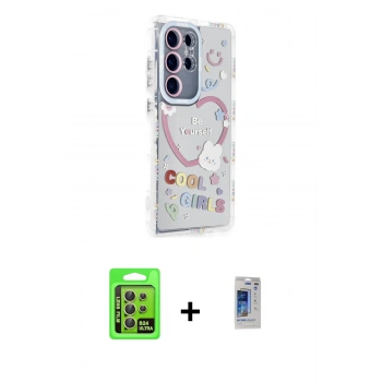 MARSİLYAN™- Galaxy S24 Ultra Kılıf Ahenk Modern Serisi - Siyah Durable Full Glue Curved Hayalet Cam + Raze Metal Kamera Lens - SI