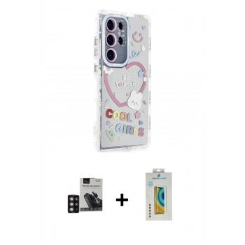 MARSİLYAN™- Galaxy S24 Ultra Kılıf Ahenk Modern Serisi - Siyah Polymer Nano Ekran Koruyucu + PVD Metal Kamera Lens - DNMR
