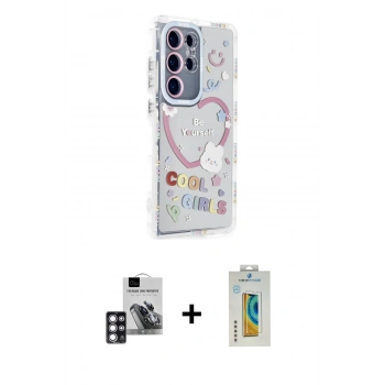 MARSİLYAN™- Galaxy S24 Ultra Kılıf Ahenk Modern Serisi - Siyah Polymer Nano Ekran Koruyucu + PVD Metal Kamera Lens - PE