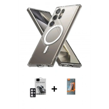 MARSİLYAN™- Galaxy S24 Ultra Kılıf Ahenk Yansıma Prime - Siyah AutoKit 5in1 Fiber Hayalet Polymer Nano Ekran Koruyucu + PVD Metal Kamera Lens - PE