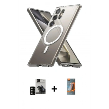 MARSİLYAN™- Galaxy S24 Ultra Kılıf Ahenk Yansıma Prime - Siyah AutoKit 5in1 Fiber Hayalet Polymer Nano Ekran Koruyucu + PVD Metal Kamera Lens - SH