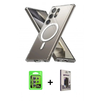 MARSİLYAN™- Galaxy S24 Ultra Kılıf Ahenk Yansıma Prime - Siyah Bilvis Hayalet Cam Ekran Koruyucu + Raze Metal Kamera Lens - MR