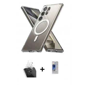 MARSİLYAN™- Galaxy S24 Ultra Kılıf Ahenk Yansıma Prime - Siyah Durable Full Glue Curved Cam + Kamera Lens Koruma Cam - SF