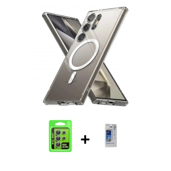 MARSİLYAN™- Galaxy S24 Ultra Kılıf Ahenk Yansıma Prime - Siyah Durable Full Glue Curved Hayalet Cam + Raze Metal Kamera Lens - GS
