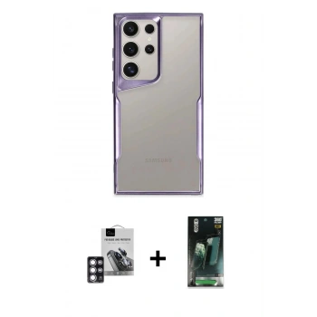 MARSİLYAN™- Galaxy S24 Ultra Kılıf Akış Çizgi Koleksiyonu - Şeffaf 360 Full Body Arka Koruyucu + PVD Metal Kamera Lens - PE