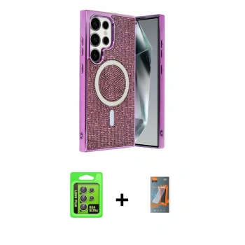 MARSİLYAN™- Galaxy S24 Ultra Kılıf Eksen Çizgi - Siyah AutoKit 5in1 Fiber Hayalet Polymer Nano Ekran Koruyucu + Raze Metal Kamera Lens - GI